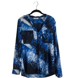 Calvin Klein Blue Abstract Watercolor Print Button Down Blouse